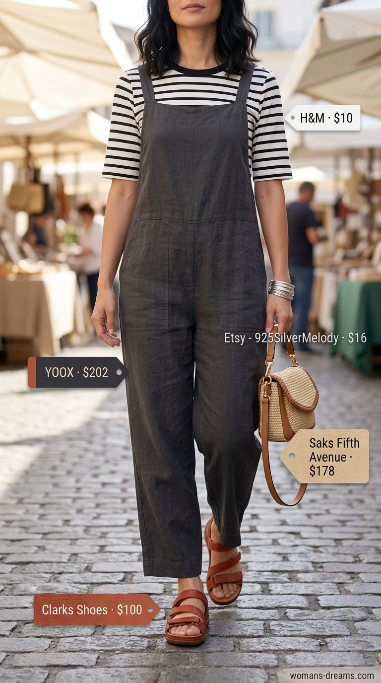 Refined classy summer outfits for women 2026: Charcoal overalls, striped tee, leather sandals for artisan market.