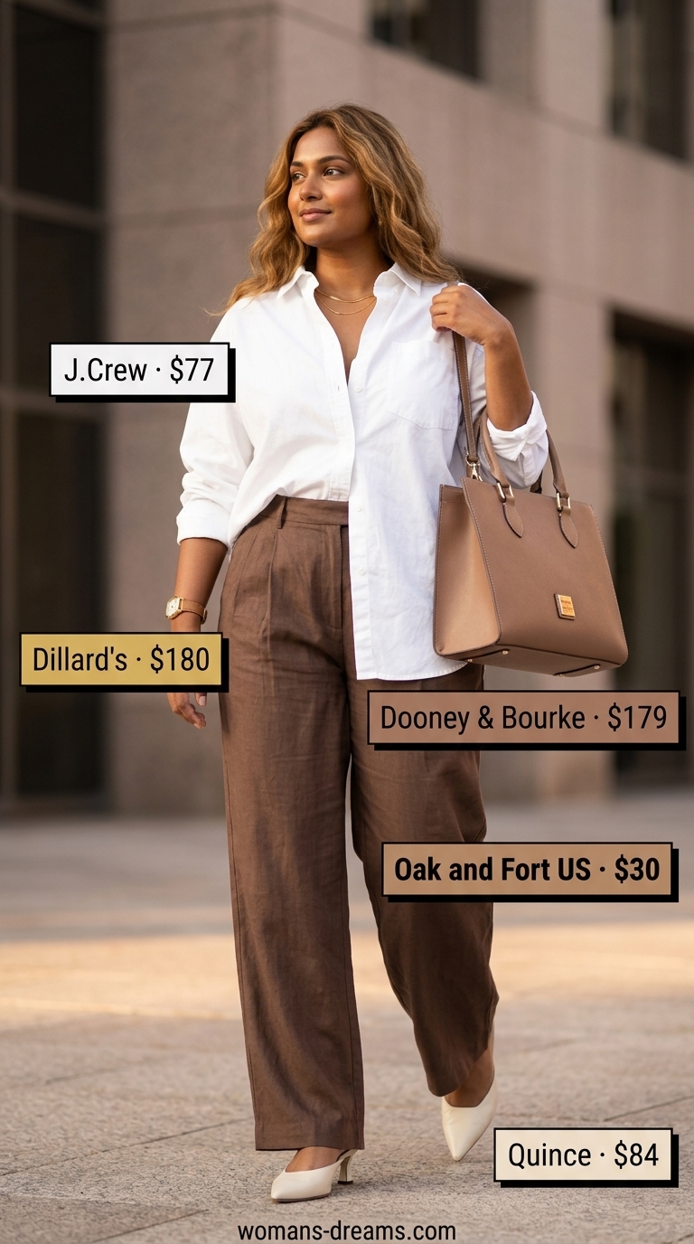 Refined classy summer outfits for women 2026: Mocha brown linen trousers, white oversized shirt, leather mules for work retreat.