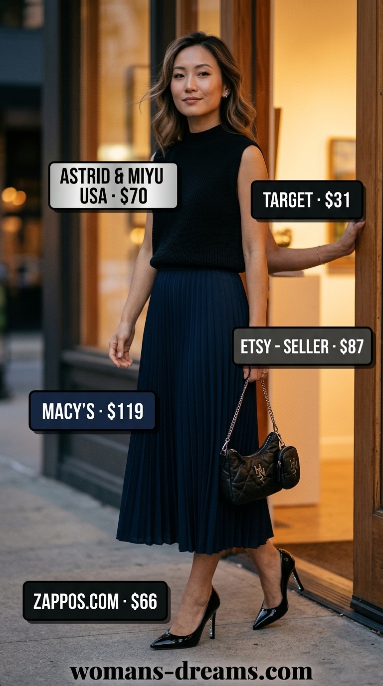 Refined classy summer outfits for women 2026: Navy satin midi skirt, black knit top, patent pumps for gallery opening.