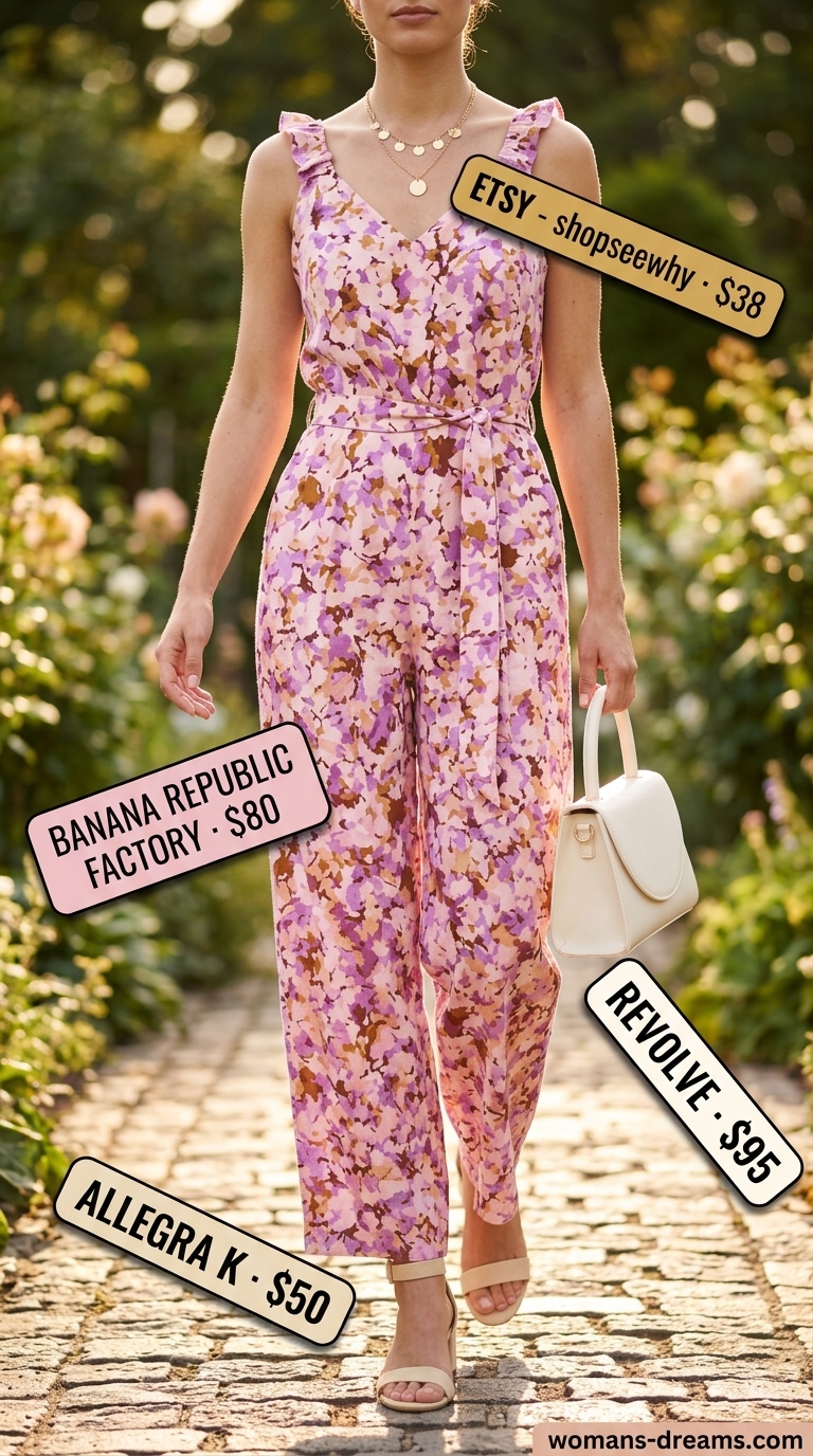 Refined classy summer outfits for women 2026: Blush pink linen jumpsuit, block heels, gold necklaces for garden party.