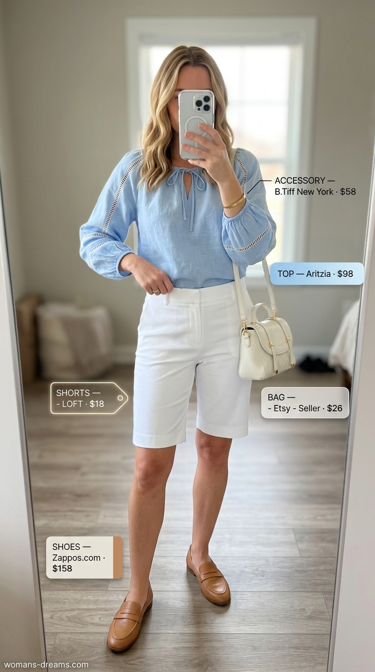 Refined classy summer outfits for women 2026: White shorts, sky blue shirt, loafers for lakeside lunch.