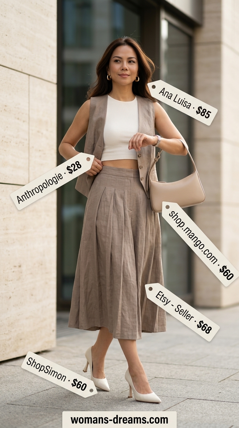 Refined classy summer outfits for women 2026: Taupe linen shorts suit, cream tank, heeled mules for creative office.