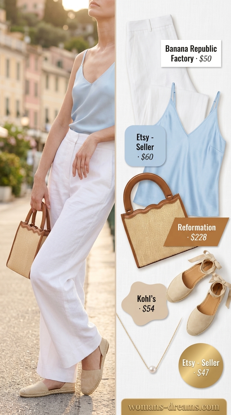 Refined classy summer outfits for women 2026: White wide-leg trousers, sky blue silk camisole, espadrilles for brunch.