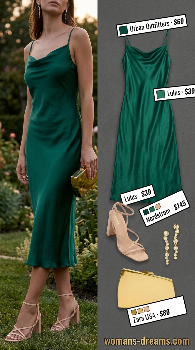 Refined classy summer outfits for women 2026: Emerald green slip dress, gold earrings, nude sandals for evening event.