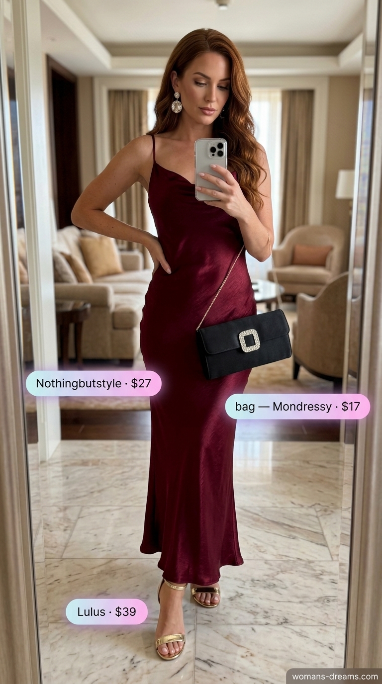 Refined classy summer outfit 2026: Burgundy satin slip dress, gold sandals, and crystal earrings for a yacht party.