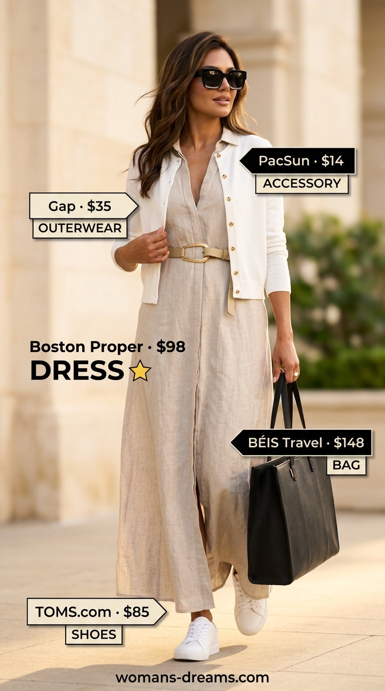 Refined classy summer outfit for women 2026: Sand beige maxi shirt dress, white sneakers, black tote.