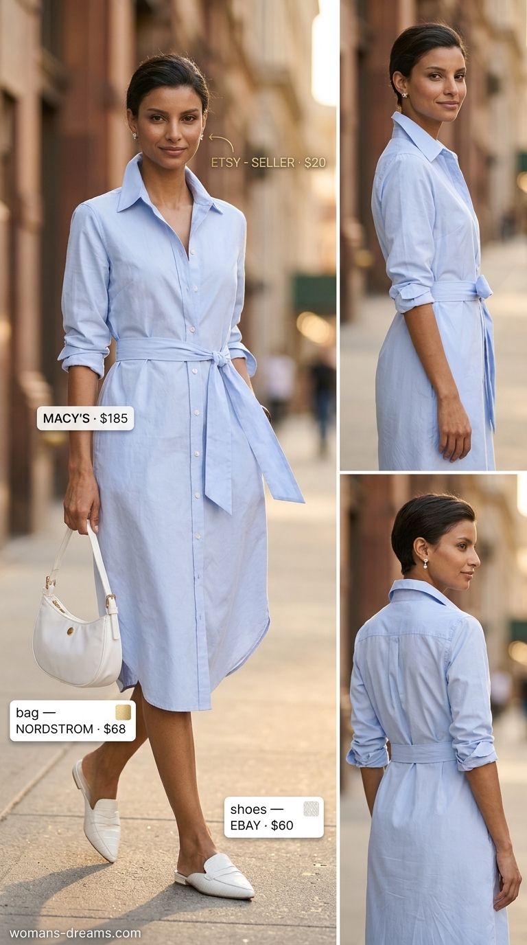 Refined classy summer outfit for women 2026: Light blue maxi shirt dress, white mules, silver earrings.