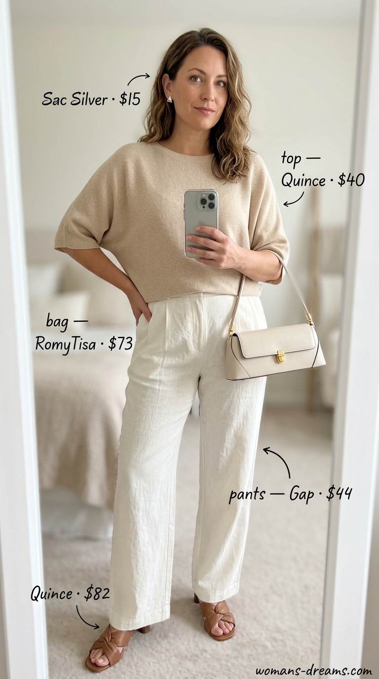Refined classy summer outfit 2026: Cream linen pants, beige knit sweater, and silver earrings for an art gallery.