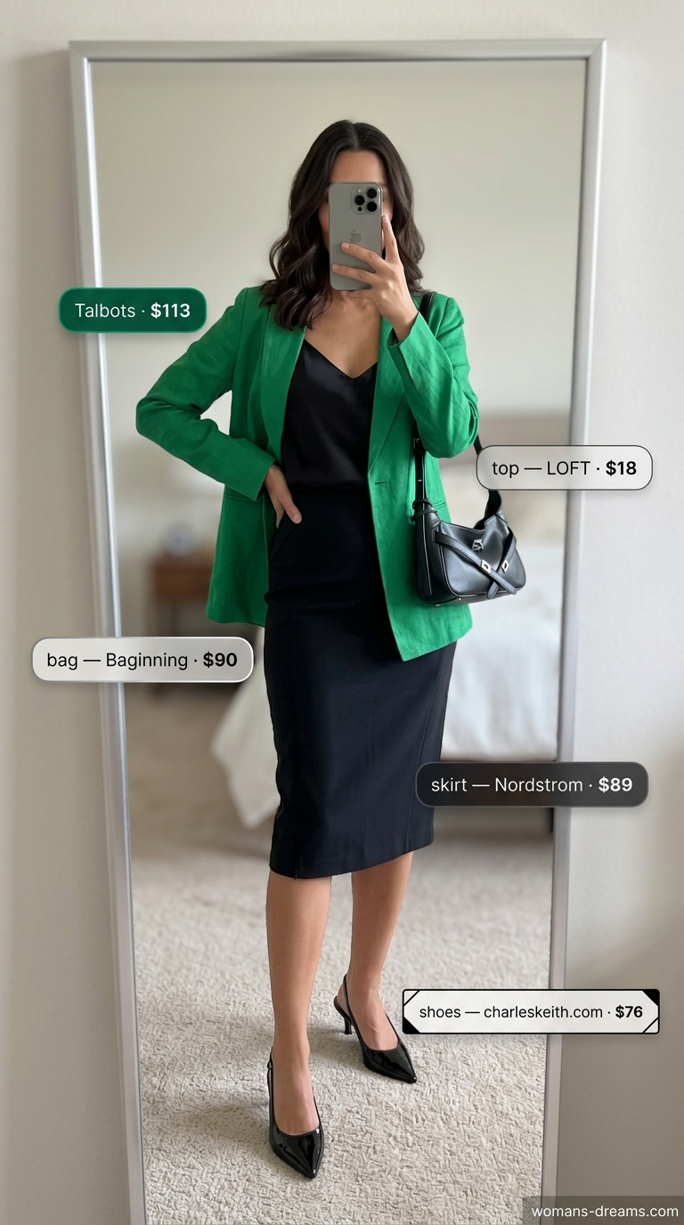 Refined classy summer outfit 2026: Emerald blazer, black skirt, and slingbacks for city sophistication.