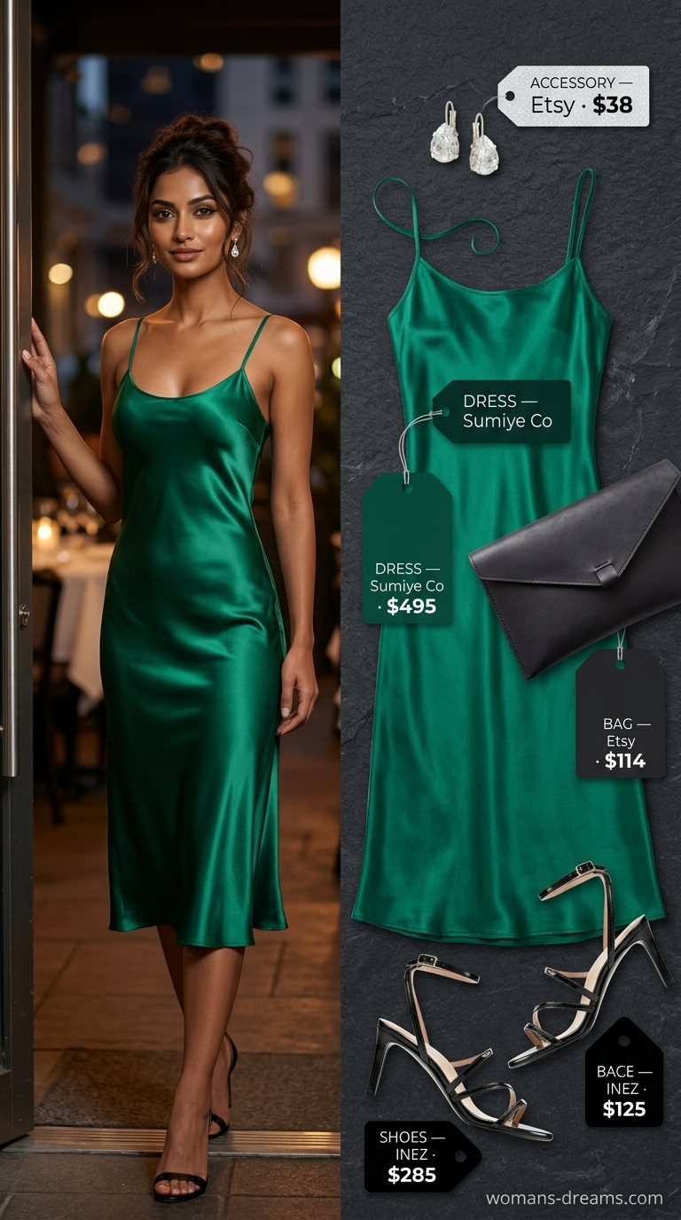 Refined classy summer outfit 2026: Emerald green slip dress, black sandals, and silver earrings for a date night.