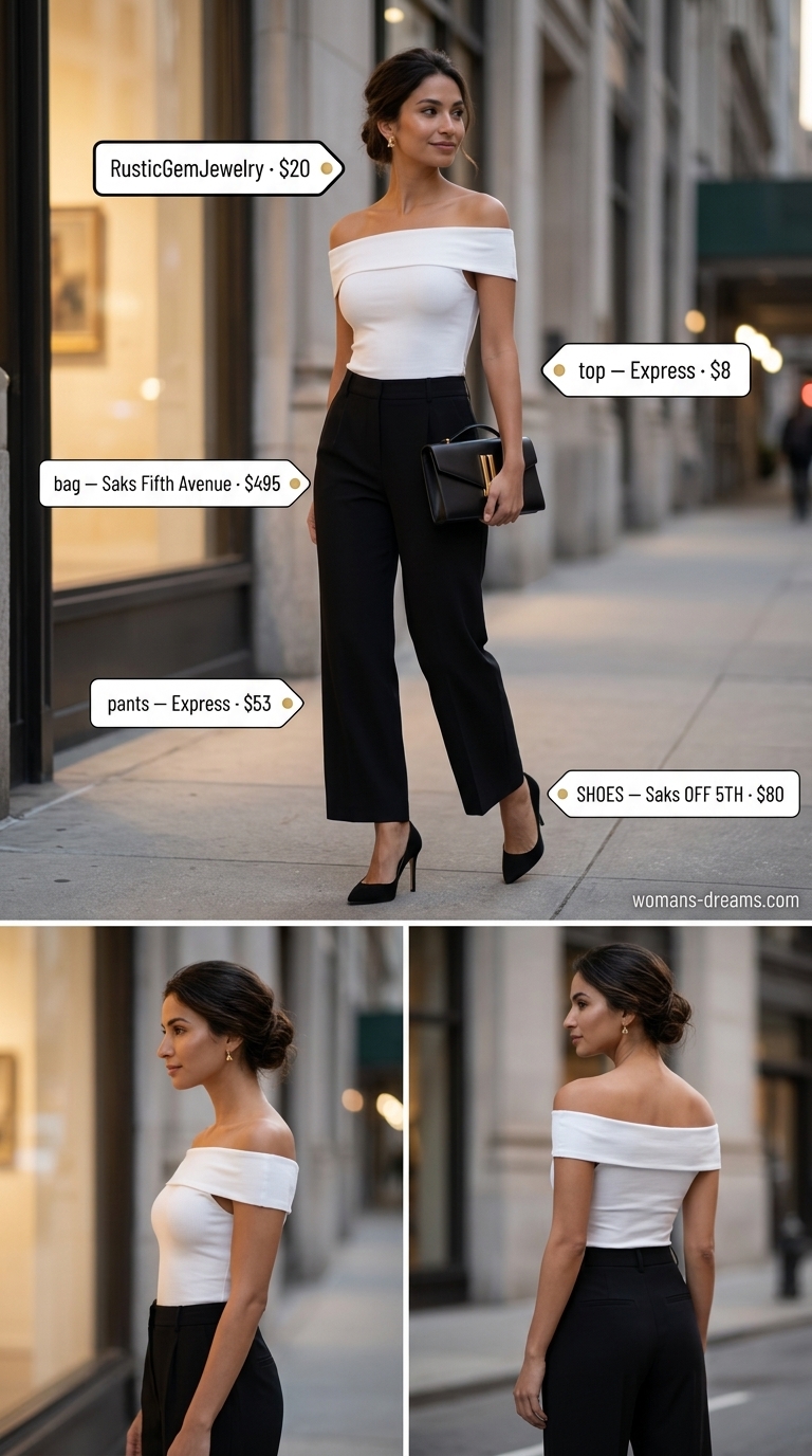 Refined classy summer outfit for women 2026: Black cropped trousers, white off-shoulder top, black heels.