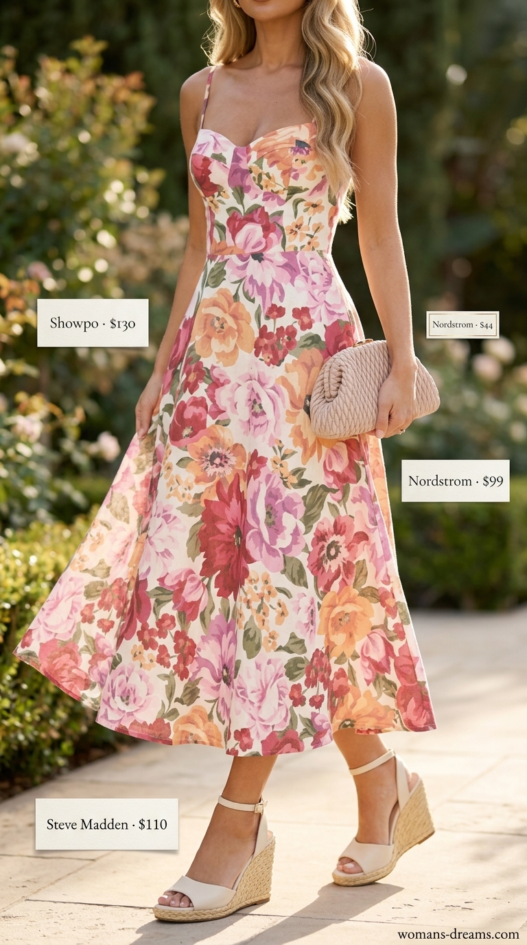 Refined classy summer outfit for women 2026: Floral midi dress, cream espadrilles, pearl earrings.