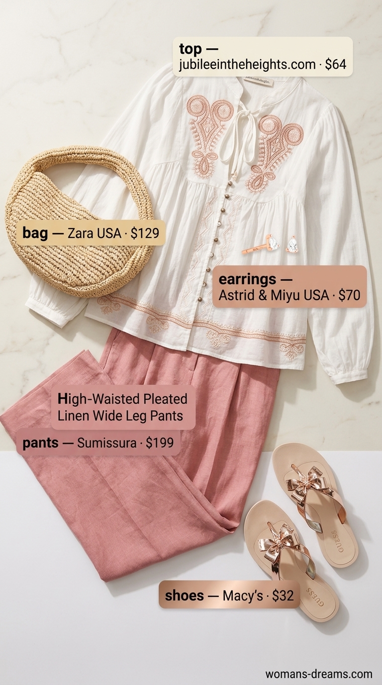 Refined classy summer outfit for women 2026: Blush pink wide-leg trousers, cream embroidered blouse, rose gold sandals.