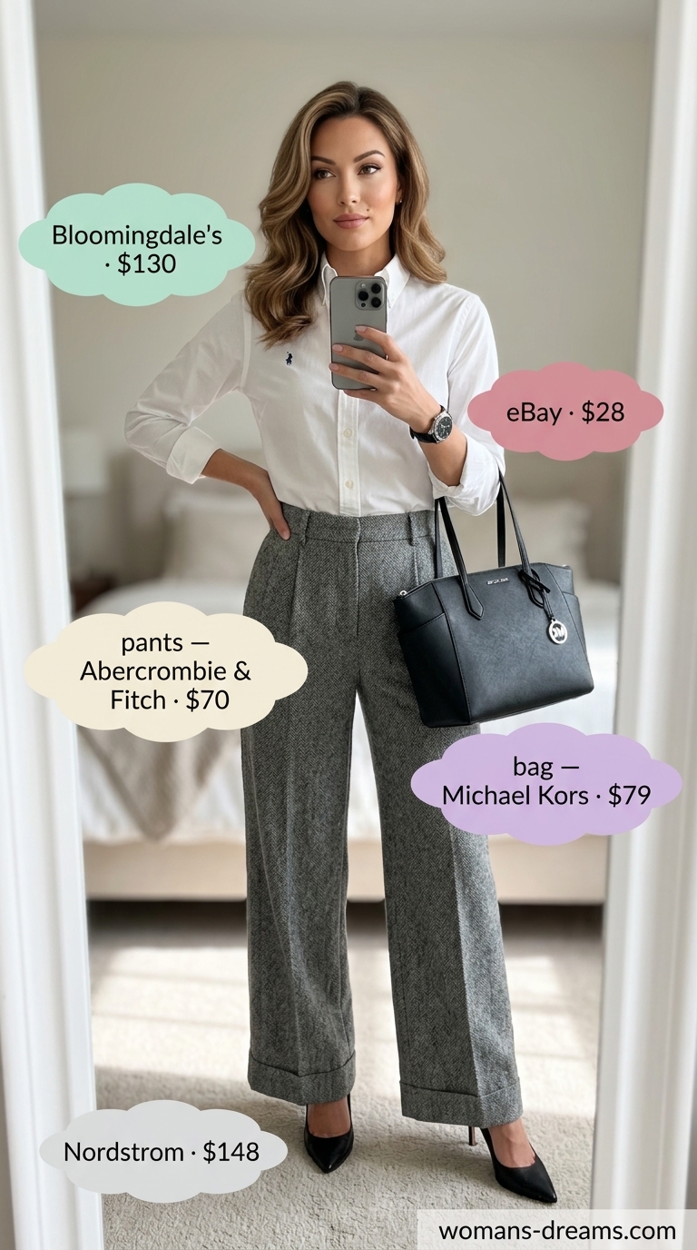 Refined classy summer outfit 2026: Grey trousers, white shirt, and black pumps for boardroom to bistro.