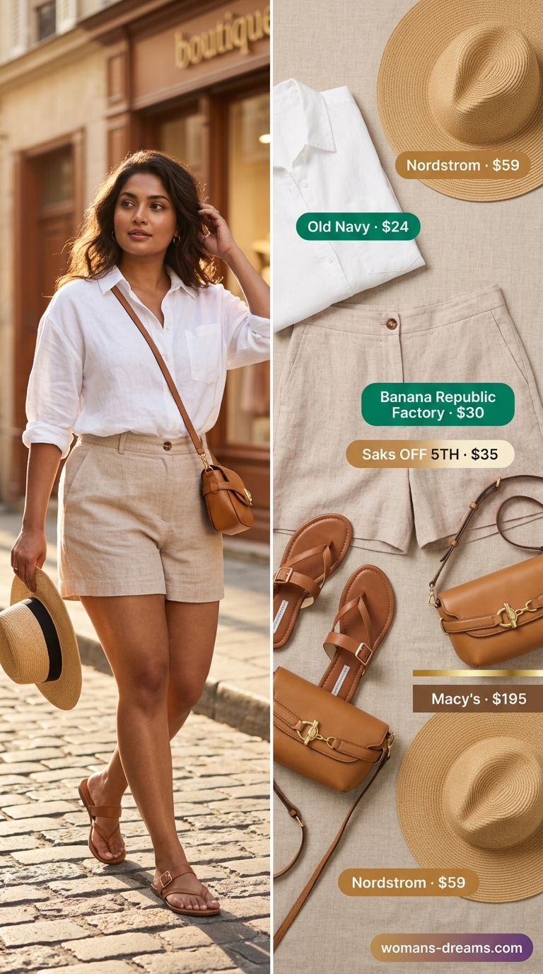 Refined classy summer outfit 2026: Khaki shorts, white shirt, and straw hat for safari adventure.