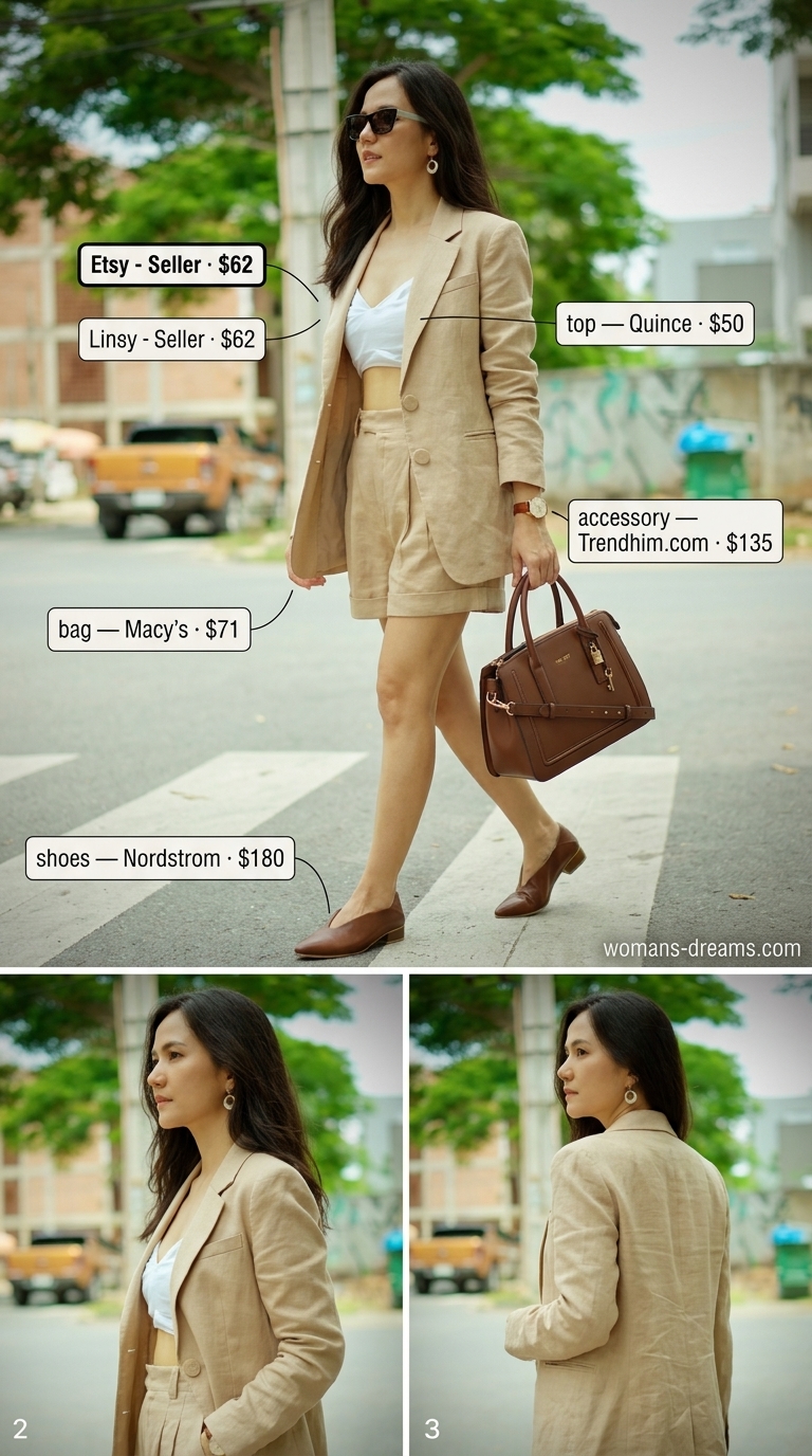 Refined classy summer outfit for women 2026: Beige linen blazer & shorts set with white cami & brown loafers.
