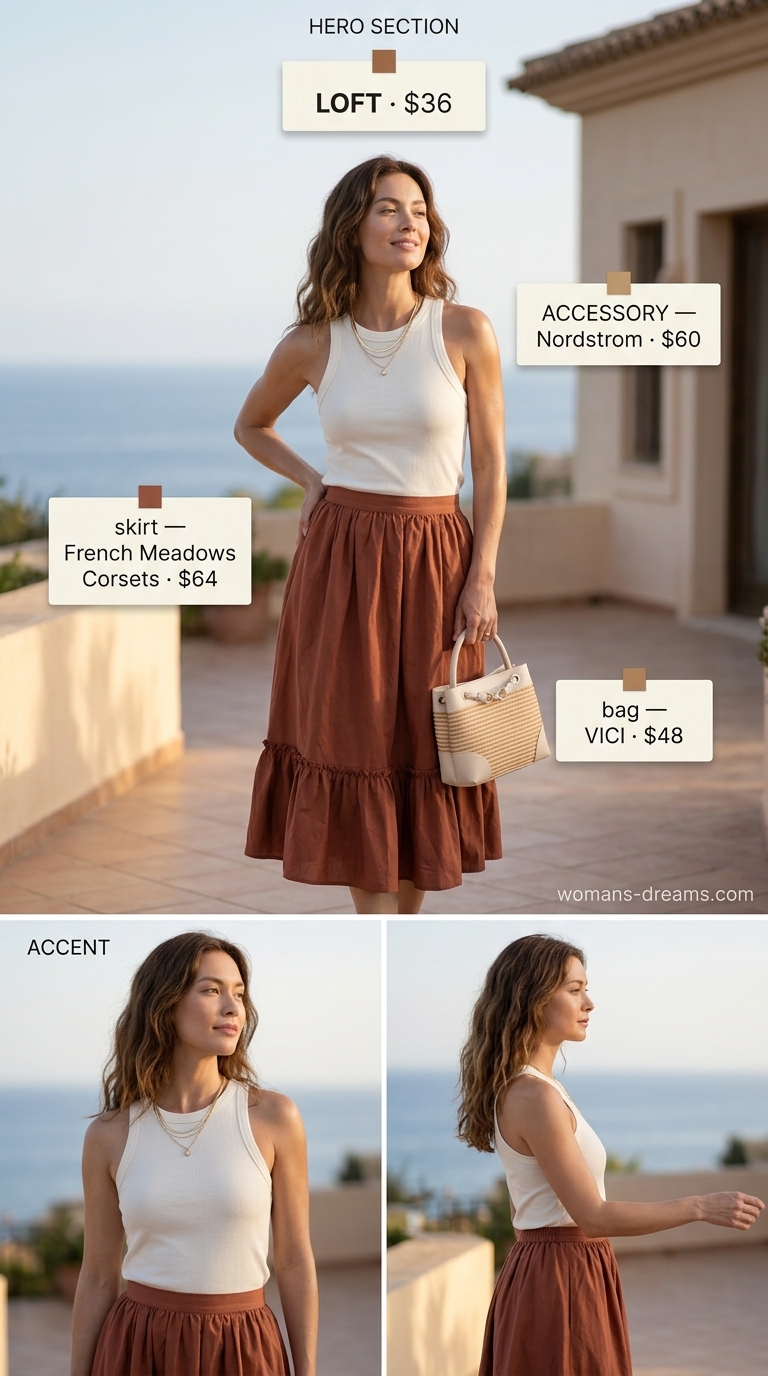 Refined classy summer outfit for women 2026: Terracotta tiered skirt, ivory knit top, bronze sandals.