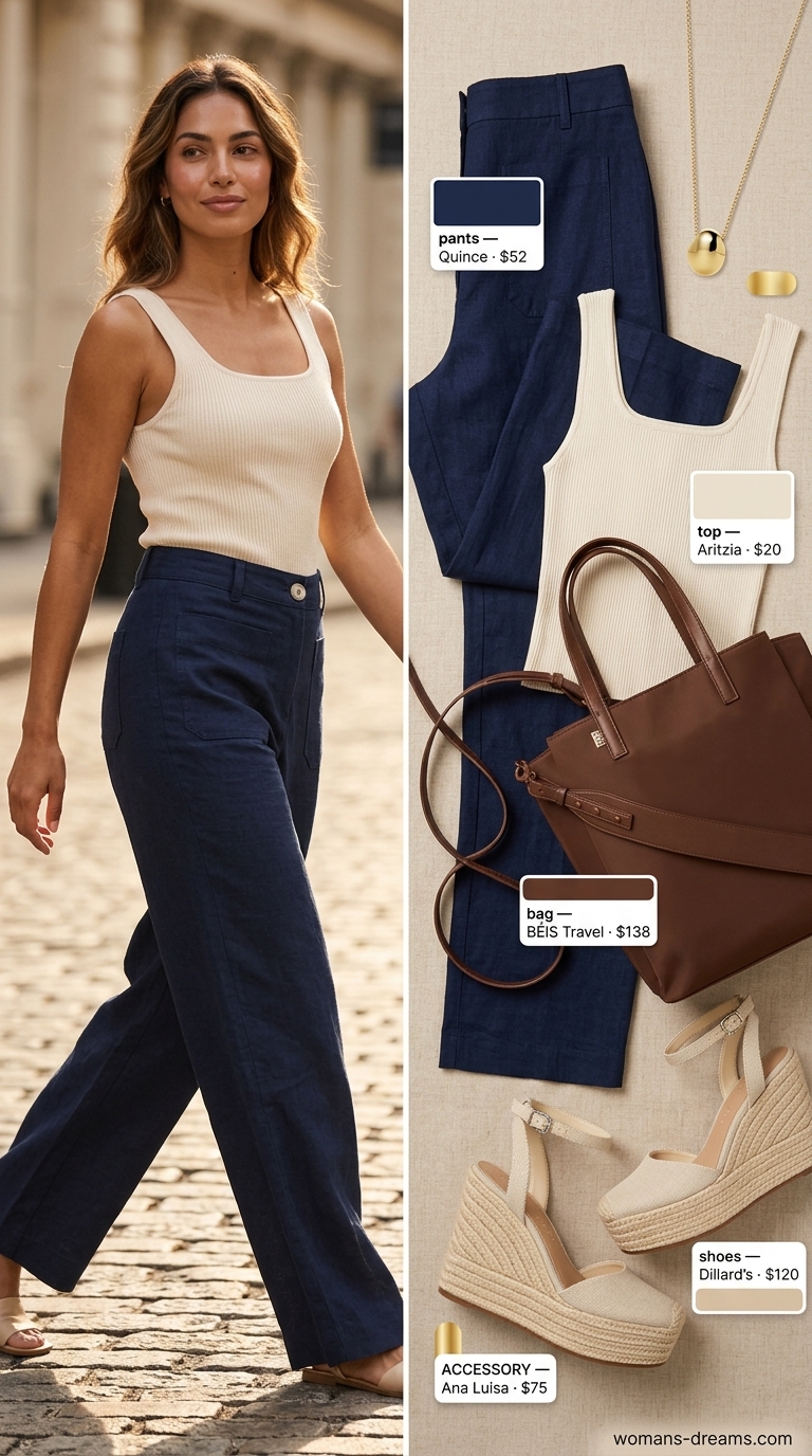 Refined classy summer outfit 2026: Navy linen pants, cream knit top, and gold necklace for Riviera brunch.