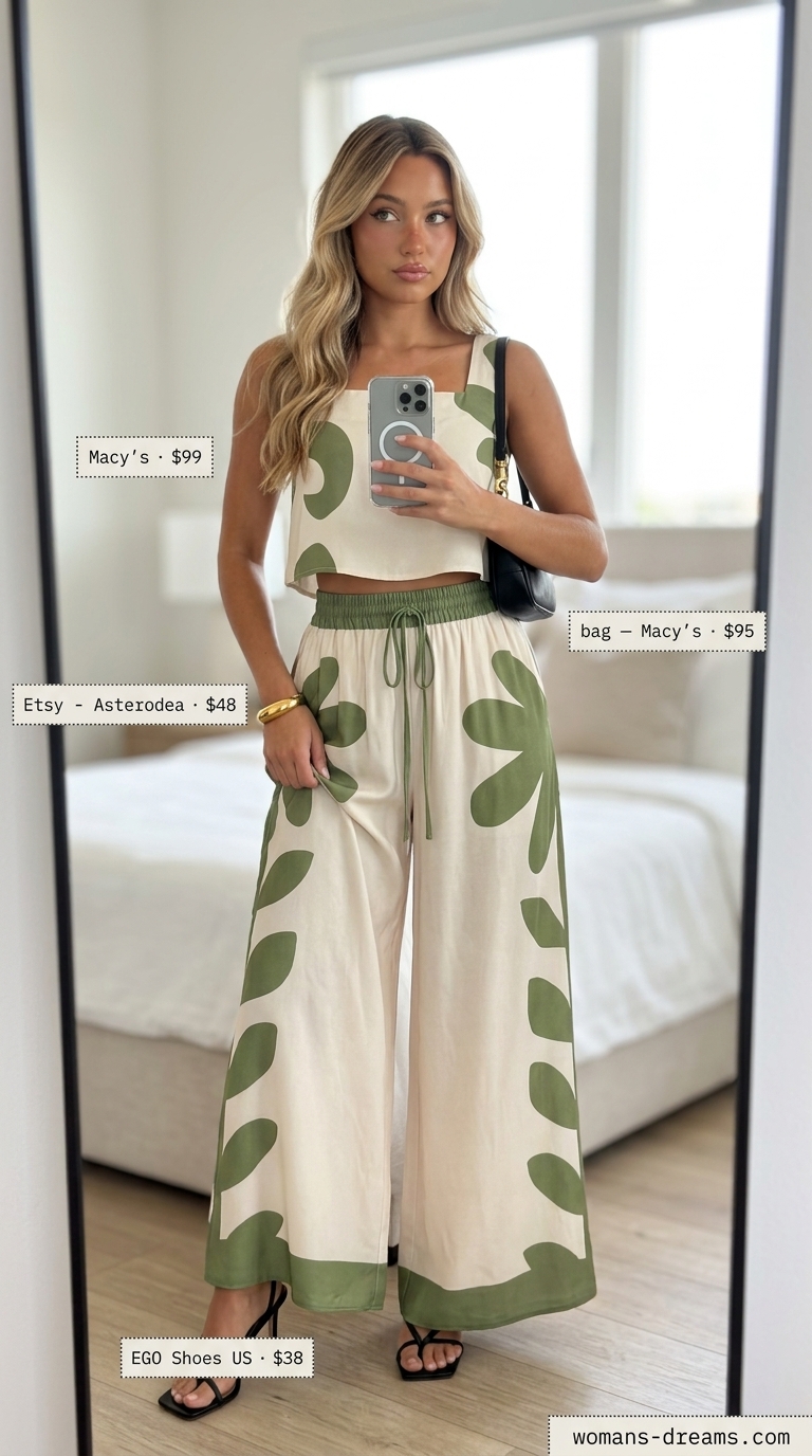 Refined classy summer outfit 2026: Olive green matching set, gold bracelet, and black sandals for terrace cocktails.