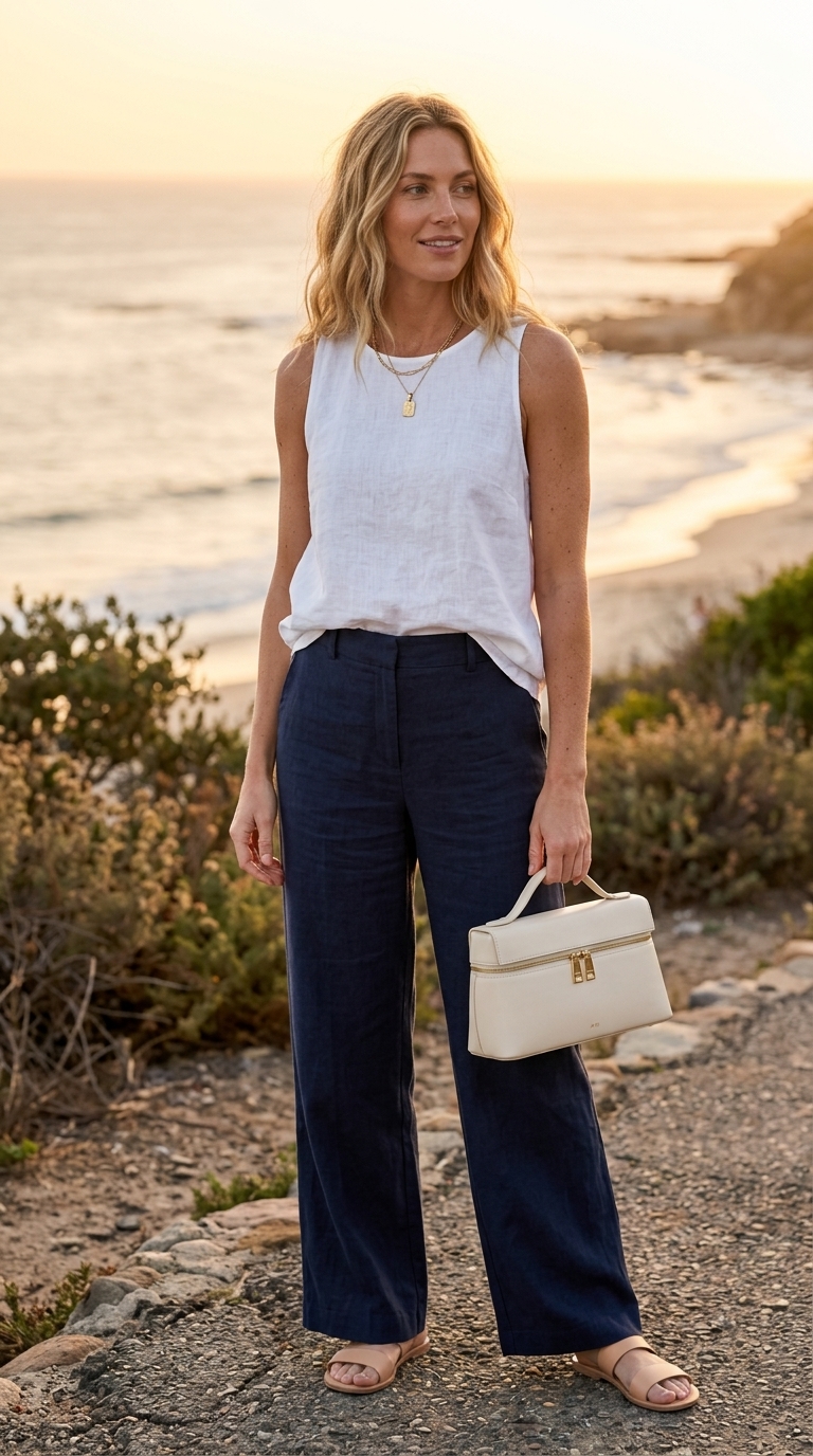 Refined classy summer outfit for women 2026: Navy wide-leg pants, white knit top, tan slides, gold jewelry.