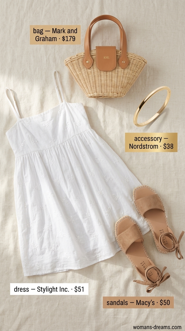 Refined classy summer outfit for women 2026: White babydoll sundress, tan espadrilles, wicker bag.