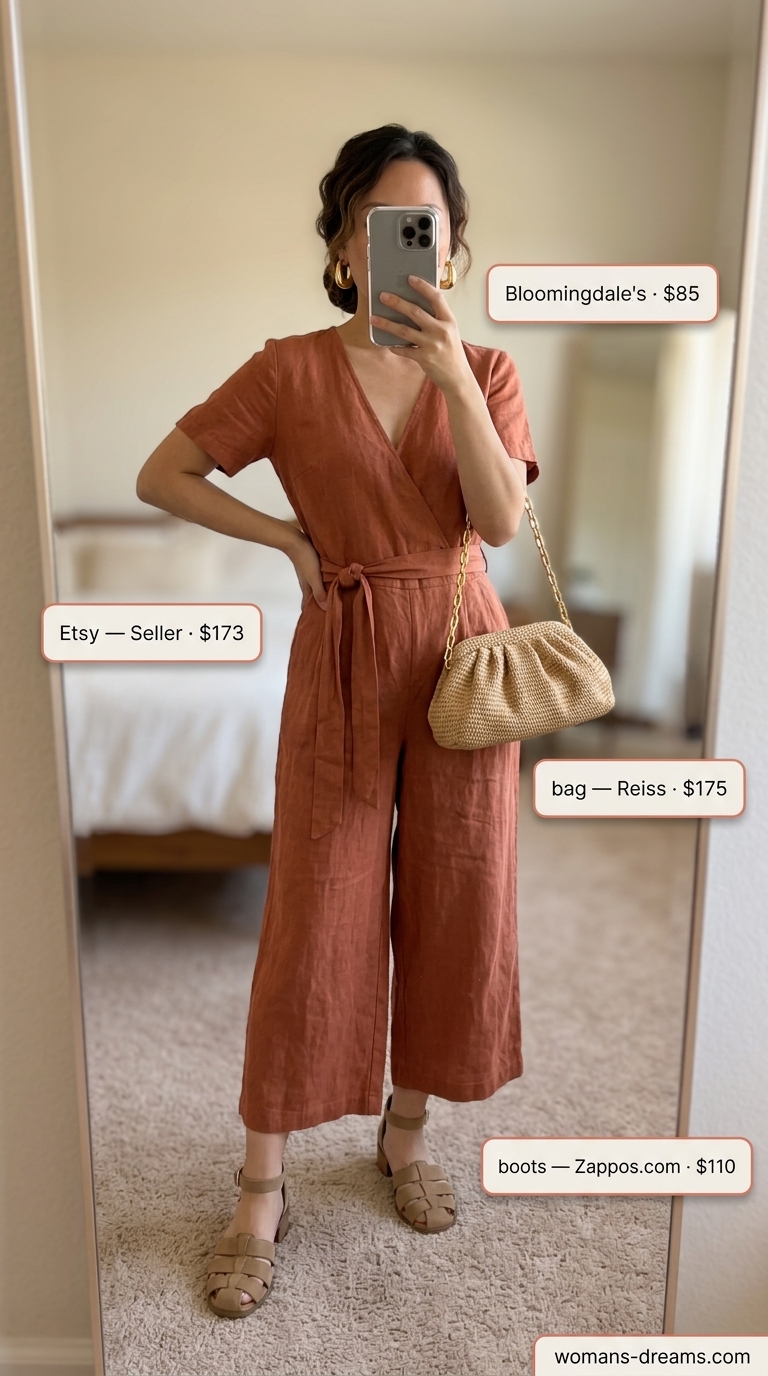 Refined classy summer outfit 2026: Terracotta linen jumpsuit, beige sandals, and gold hoop earrings for a desert evening.