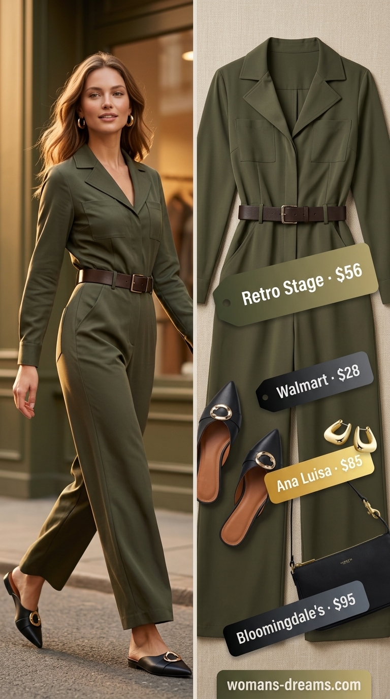 Refined classy summer outfit for women 2026: Olive green utility jumpsuit, black mules, gold hoops.