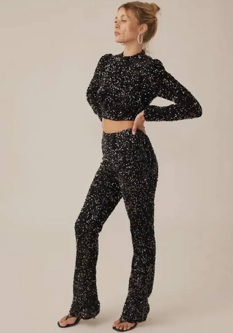 Velvet Sequin Crop Top and Pants Set