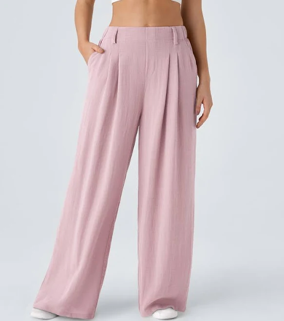 Palazzo Flowy Hose Mit Weitem Bein, mittelhohem Elastischem Bund, Kordelzug und Seitentaschen