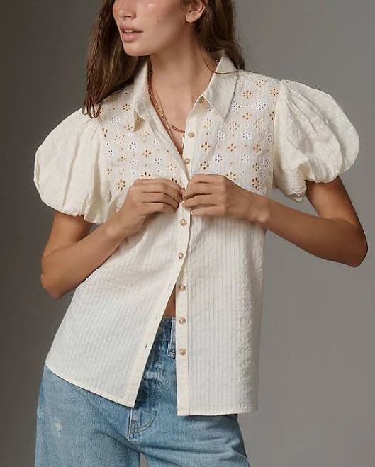 Eyelet Puff-Sleeve Blouse by Pilcro in Ivory, Size: Medium at Anthropologie