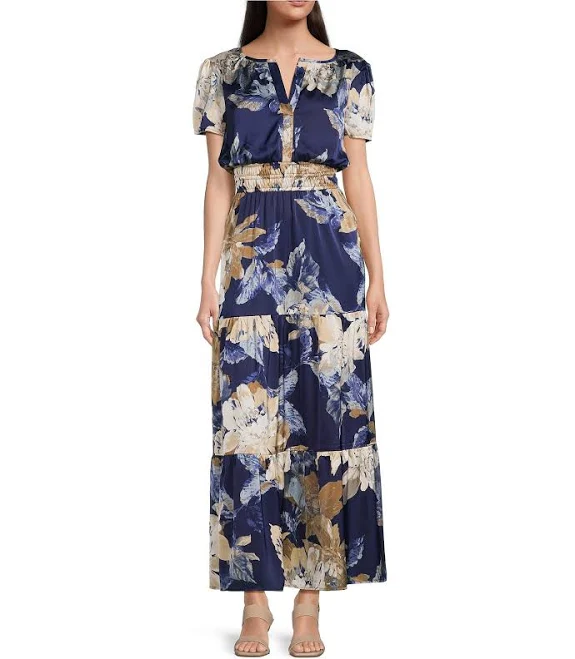 Leslie Fay Split V-Neck Short Sleeve Floral Maxi Dress