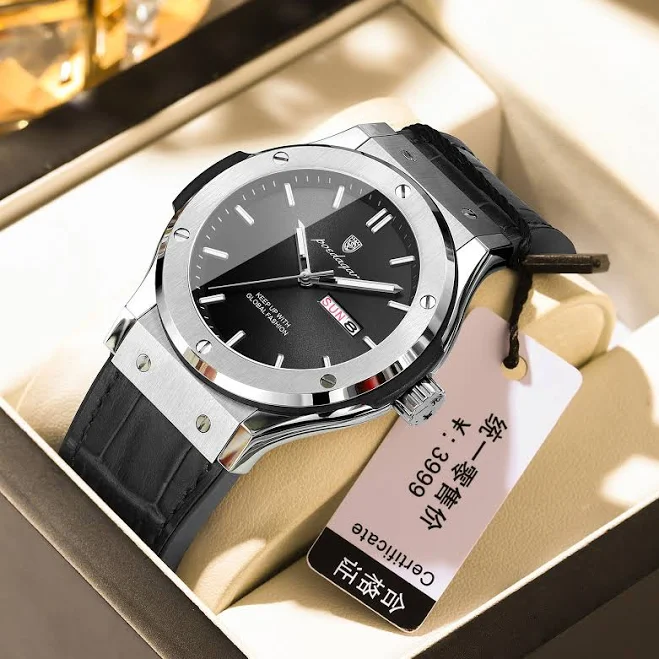 Men’s Classic Black Dial Watch Silver Case Day Date Leather Strap