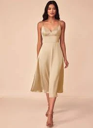 Champagne A-Line Stretch Satin Dress