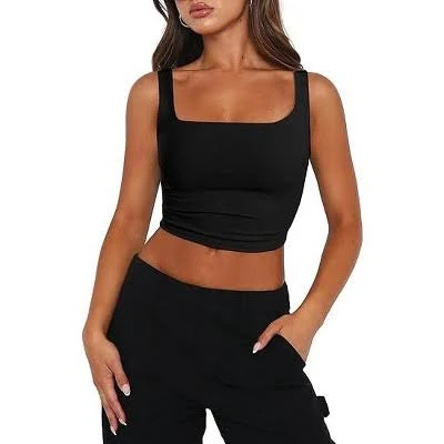 Zeagoo Women's Cropped Square Neck Double Layer Tank Top