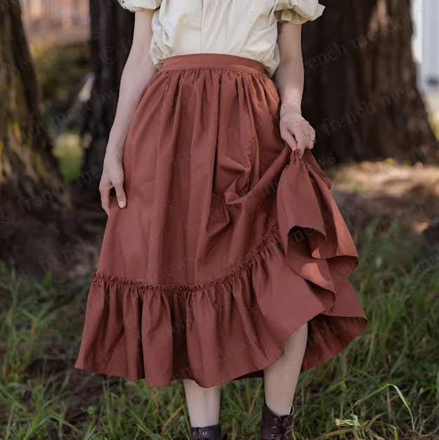Ruffle Hem Linen Midi Skirt