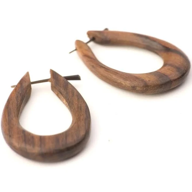 Tribal Wooden Hoop Earrings with Stick Posts
