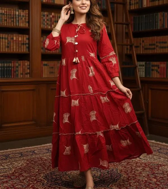 Rust Floral Tiered Cotton Maxi Dress