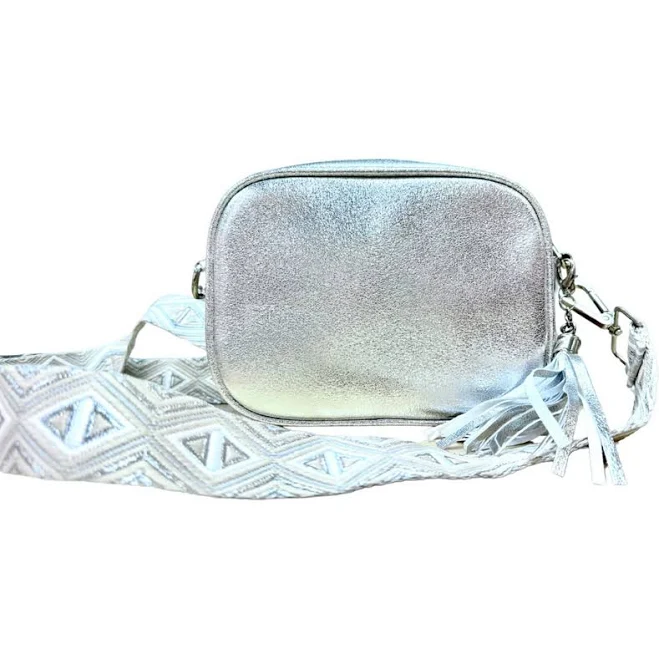 Dark Silver Metallic Leather Crossbody Camera Bag With Tassel