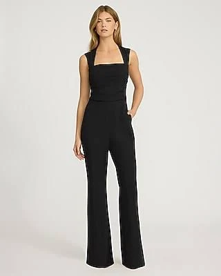 Express Women's Signature Crepe Square Neck Sleeveless Ruched Flare Jumpsuit with