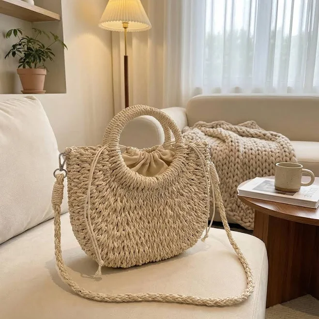 Women's Boho Woven Raffia Half Moon Handbag