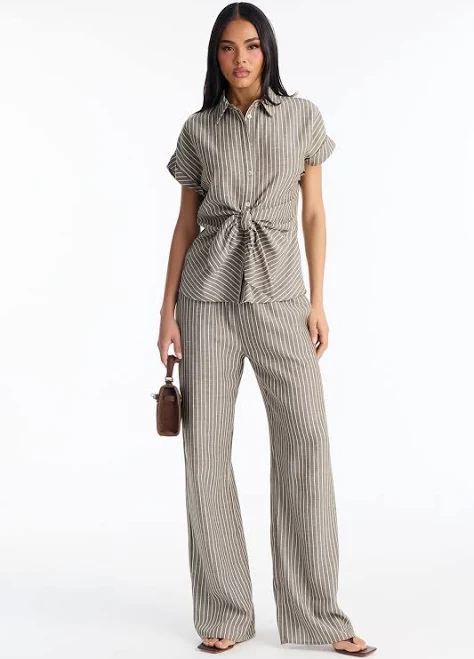 Fashion Nova Tie Front Linen Button Up Shirt and Wide Leg Pant Set