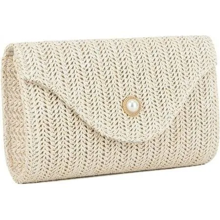 Women's Woven Straw Pearl Clutch Bag