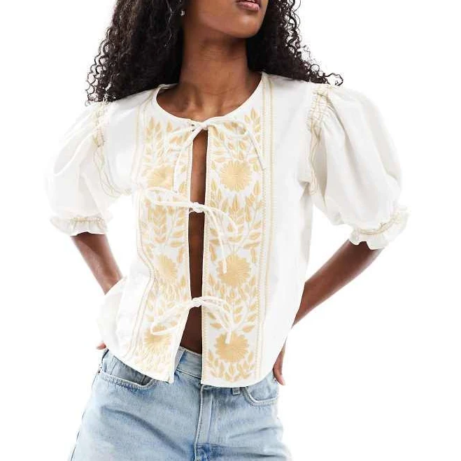 ASOS Tie Front Top with Embroidery and Broderie Inserts