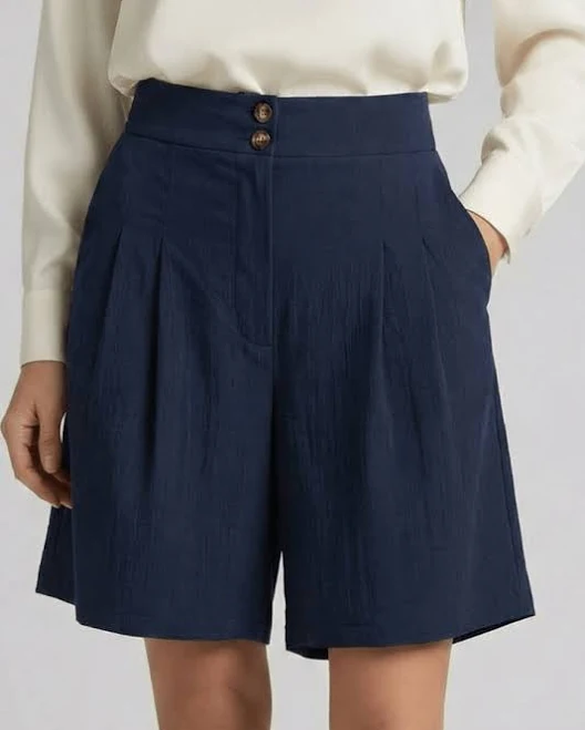 Women’s High Waist Pleated Tailored Shorts for Summer Style, Dark Blue / L