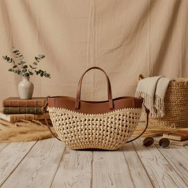 Woven Straw Tote with Leather Handle