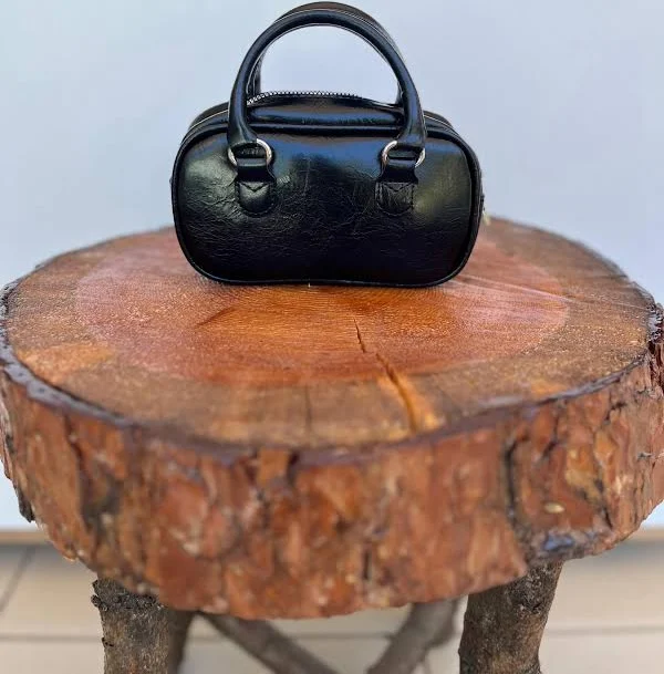 Faux Leather Oval Mini Handbag with Silver Chain Strap