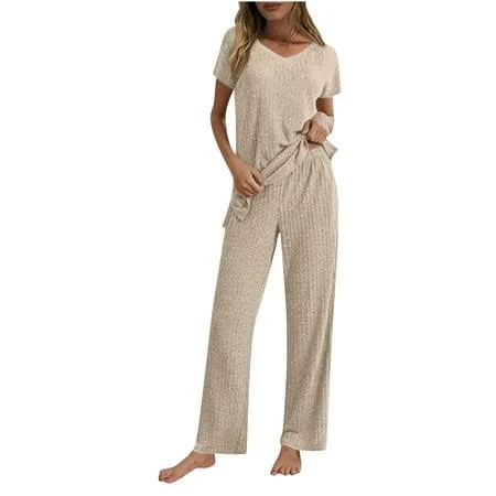 Women's Ribbed Knitted Lounge Outfits with Side Slit