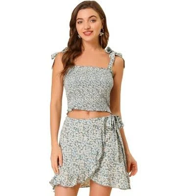 Allegra K Women's Floral Print Smocked Crop Top and Wrap Skirt