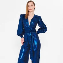 Royal Blue Wide Leg Formal Jumpsuit: New Year's Eve Wear, V Neck Belt Guest Bridesmaid Customizable Outfit