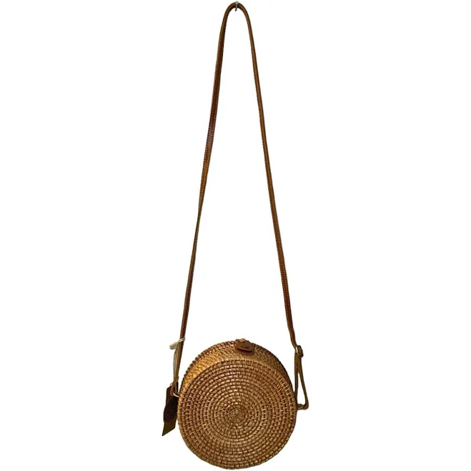 Women's Natural Chic Handwoven Round Rattan Crossbody Bag